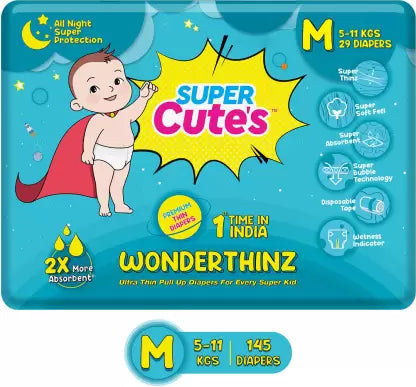 Super Cute's Premium Ultra Thin Diaper Pants with Wetness Indicator 2x Absorption & Comfort (M) - (145 Pieces)