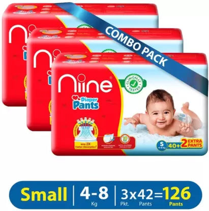 niine Cottony Soft Baby Diaper Pants with Change Indicator for Overnight Protection (S) - (126 Pieces)