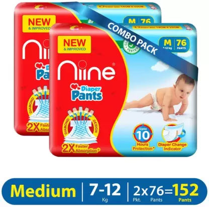 niine Cottony Soft Baby Diaper Pants with Change Indicator for Overnight Protection (M) - (152 Pieces)