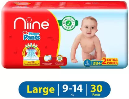 niine Cottony Soft Baby Diaper Pants with Change Indicator for Overnight Protection (L) - (30 Pieces)