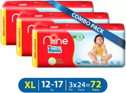 niine Cottony Soft Baby Diaper Pants with Wetness Indicator for Overnight Protection (XL) - (72 Pieces)