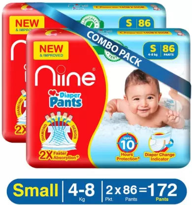 niine Cottony Soft Baby Diaper Pants with Indicator for Overnight Protection (S) - (172 Pieces)