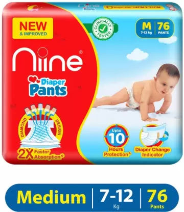 niine Cottony Soft Baby Diaper Pants with Change Indicator for Overnight Protection (M) - (76 Pieces)