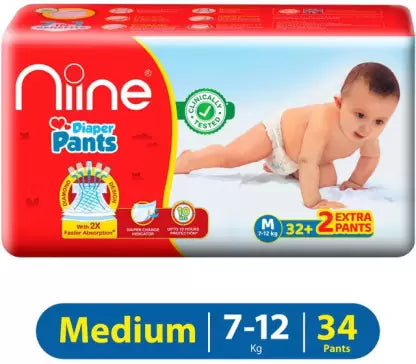 niine Cottony Soft Baby Diaper Pants with Change Indicator for Overnight Protection (M) - (34 Pieces)