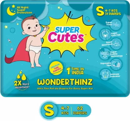 Super Cute's Premium Ultra Thin Diaper Pants with Wetness Indicator 2x Absorption & Comfort (S) - (62 Pieces)