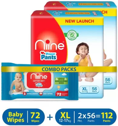 niine combo of Baby Diaper Pants (XL) size 112 count with Baby Wipe 72 count
