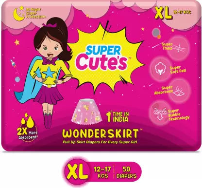 Super Cute's Premium Skirts Style Pant Diaper for Girls | Super Soft and Ultra Thinz Diapers (XL) - (50 Pieces)